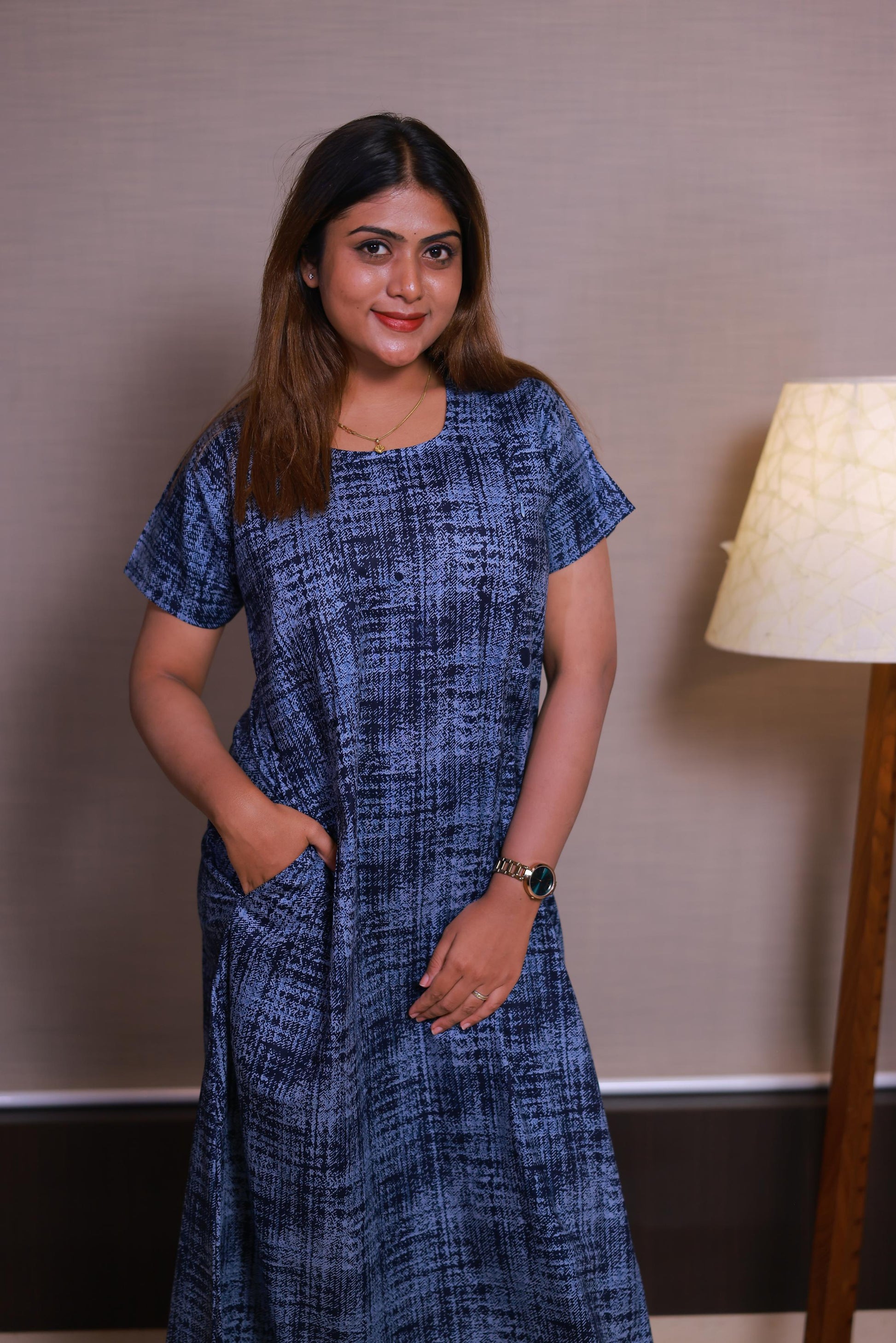 Dark navy blue With  gray Design Vertical Side Zip Feeding Nighty - AHA Nightwears