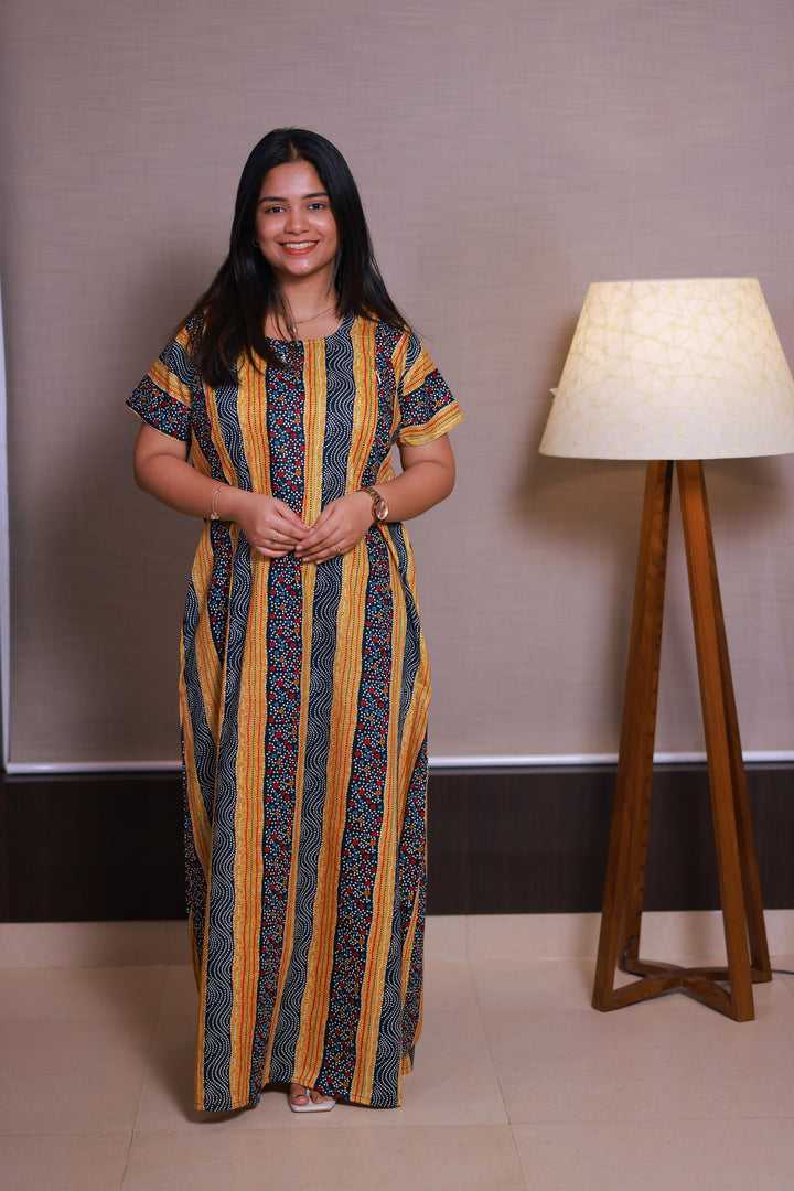 Light Yellow With White Dot Design Vertical Side Zip Feeding Nighty - AHA Nightwears