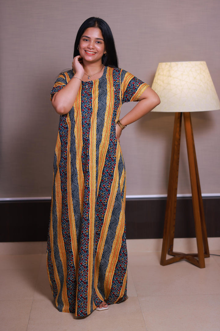 Light Yellow With White Dot Design Vertical Side Zip Feeding Nighty - AHA Nightwears