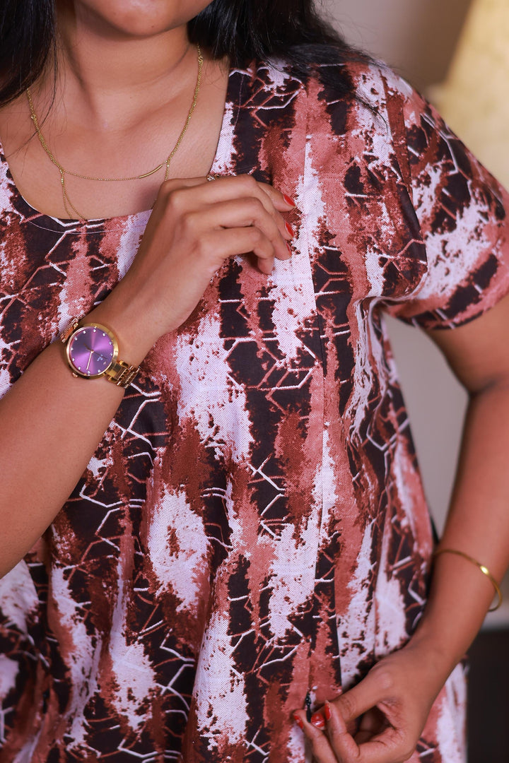 Dark Brown With Light Brown Design Vertical Side Zip Feeding Nighty - AHA Nightwears