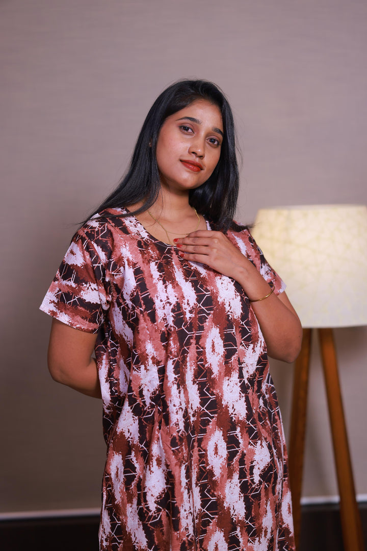 Dark Brown With Light Brown Design Vertical Side Zip Feeding Nighty - AHA Nightwears