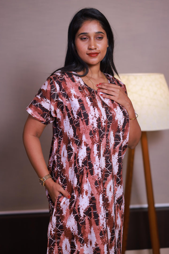 Dark Brown With Light Brown Design Vertical Side Zip Feeding Nighty - AHA Nightwears