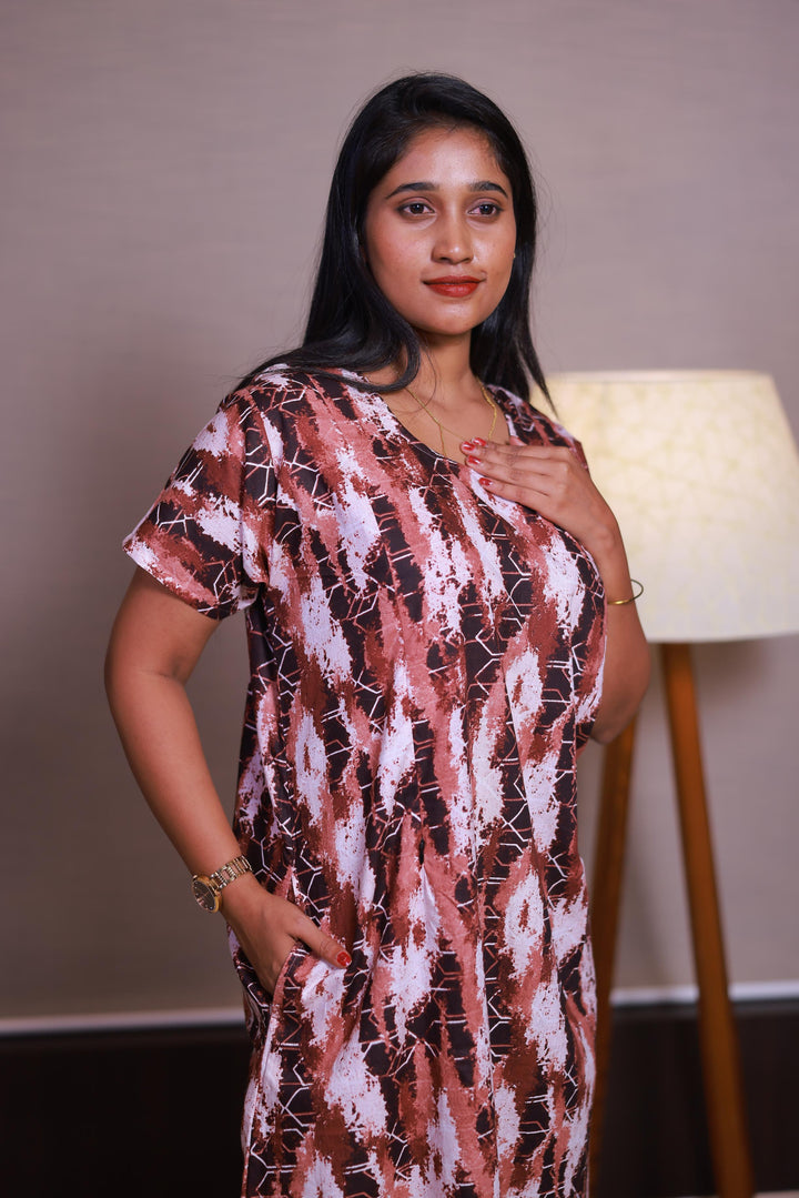 Dark Brown With Light Brown Design Vertical Side Zip Feeding Nighty - AHA Nightwears