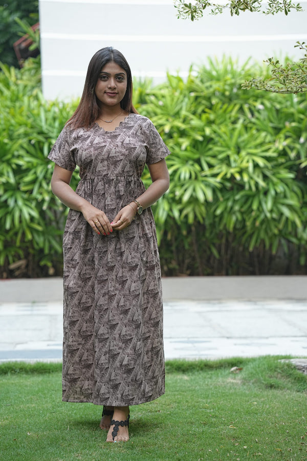 Light Beige With Brown Design  Without zip  Frock