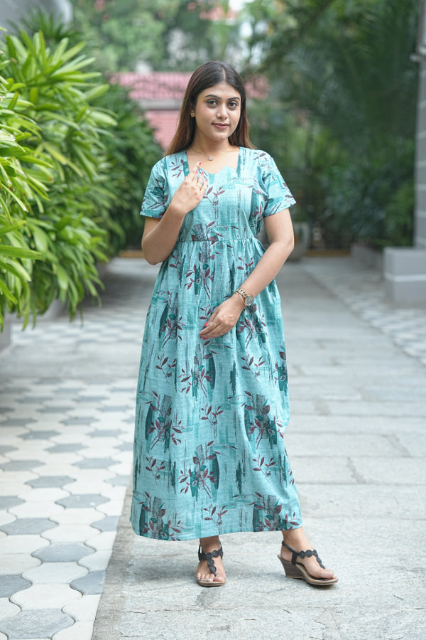 Light Green With Brown Flower Design  Without zip  Frock