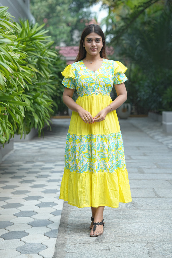 Yellow  With sky blue three layer frock with center zip