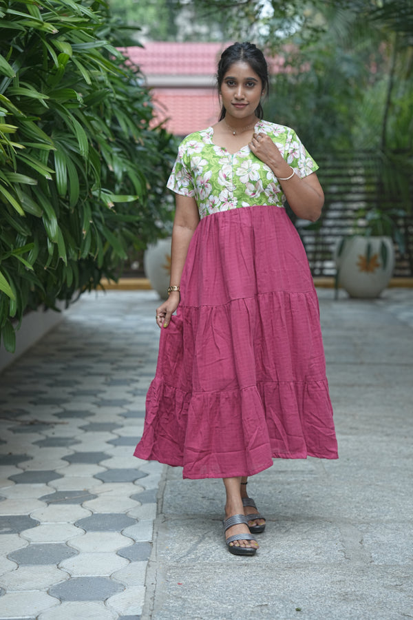 Maroon with Green three layer frock with center zip