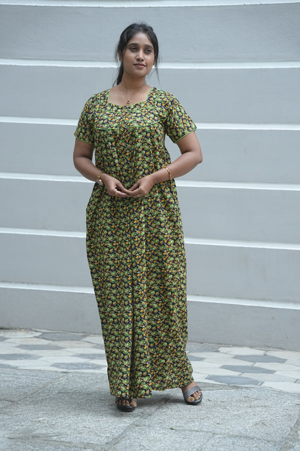 Black with Green & Yellow Flower Kalamkari Fleet cut Piping Center Zip Nighty