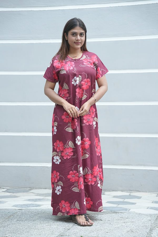 Maroon With Pink Flower Design Invisible Center Zip Feeding Nighty