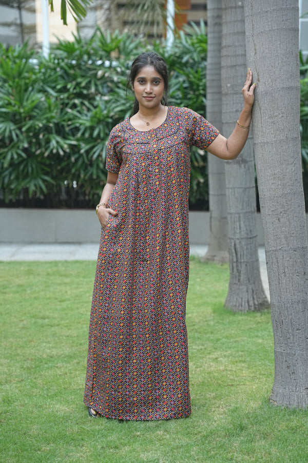 Black With Multi colour  Fleet cut Piping Center Zip Nighty