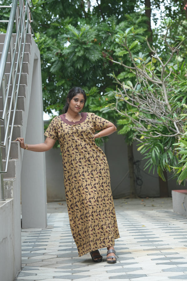 Light Brown With Green & Red Floral Design Ziplees Nighty