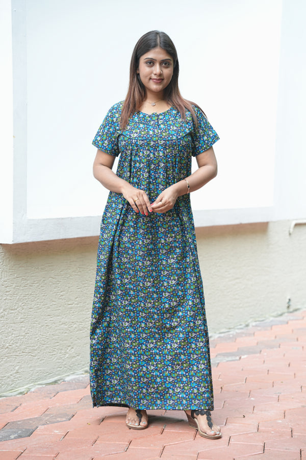 Dark Blue with Green Elephant Pattern Kalamkari Fleet cut Piping Center Zip Nighty