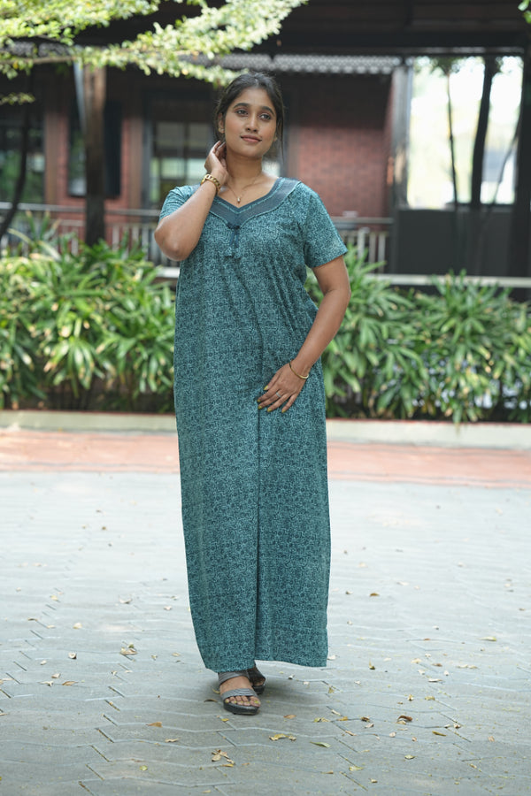 Teal Green With Dark Green Floral Design Zipless Nighty