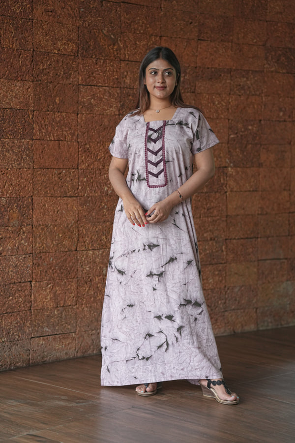 Light Maroon with Neck Design  Tie and Dye Design Without Zip Nighty