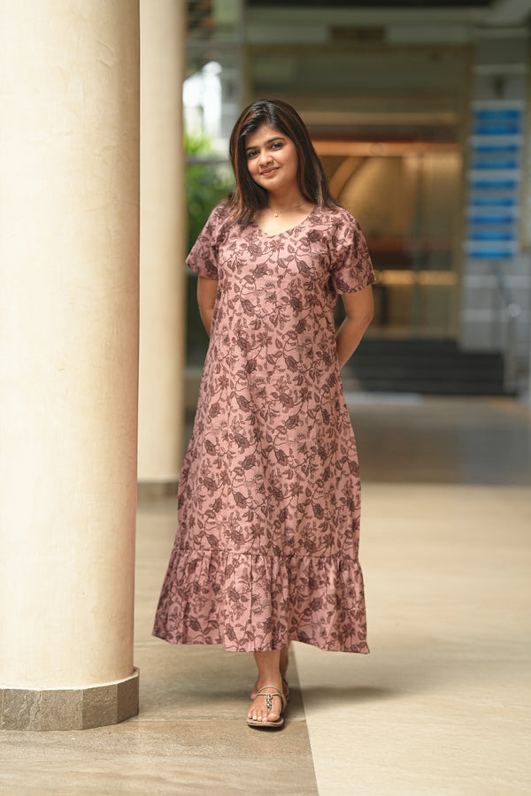 Brown With Dark Brown Large Flowers  Midi gown Nighty