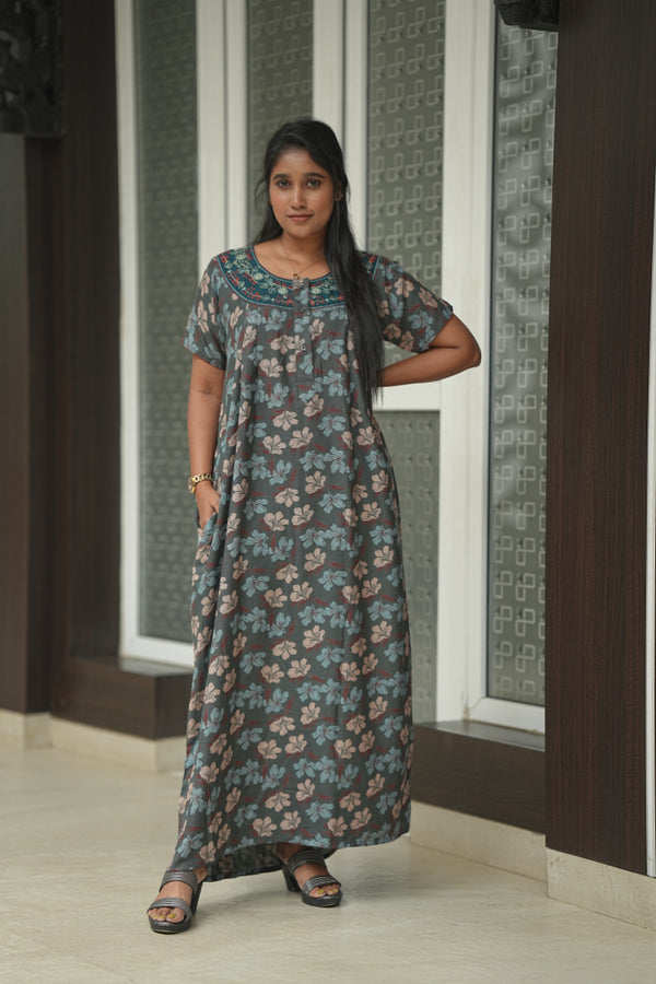 Dark Gray With Sky blue Neck Embroidery Alphain Nighty