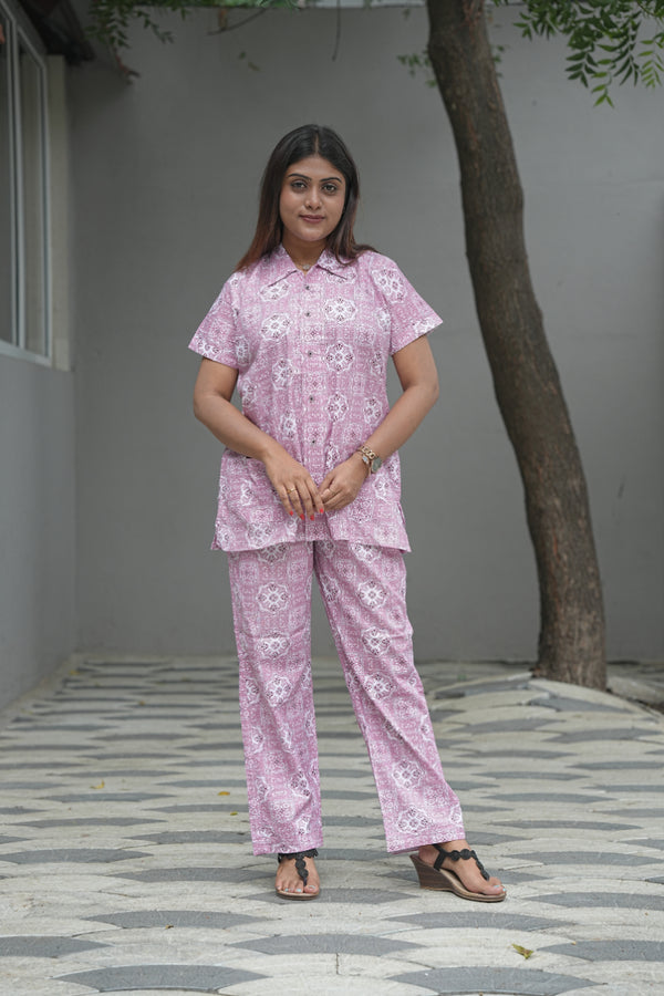 FANCY - Light pink With White  full button collar type Nightdress