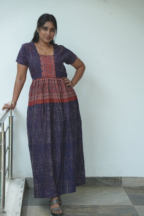 Navy blue with Red Ajrakh fabric Center Zip Frock
