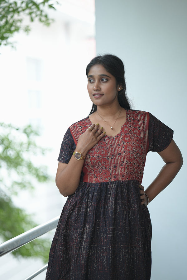 Black with Red Ajrakh fabric Center Zip Frock