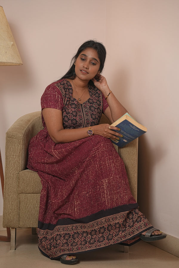 Maroon with Black Ajrakh fabric Center Zip Frock