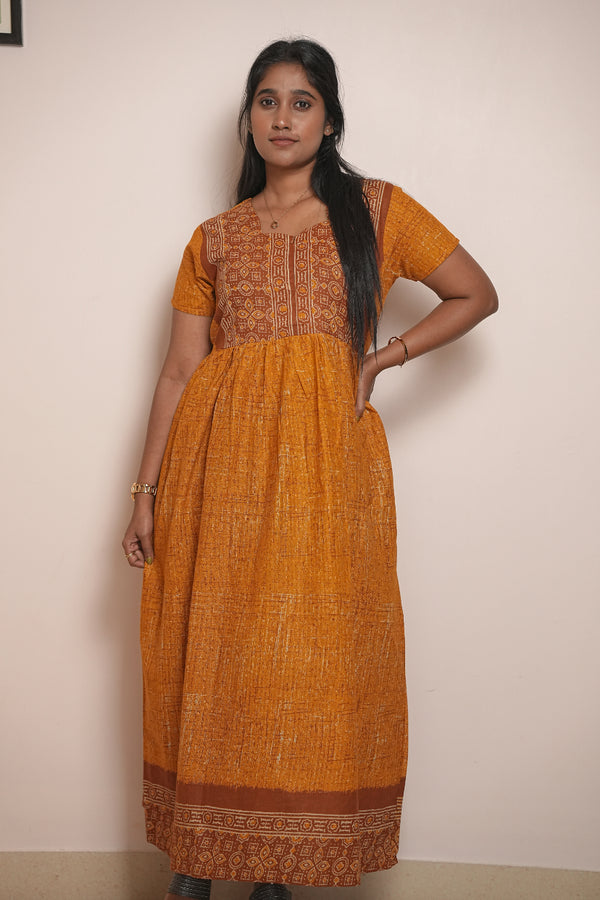 Yellow Ajrakh fabric Center Zip Frock