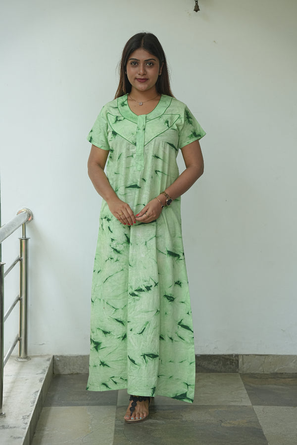 Green with Dark green Tie And Dye Zip Nighty