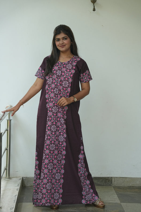 Dark Maroon With Gray Floral  Invisible Center Zip Feeding Nighty