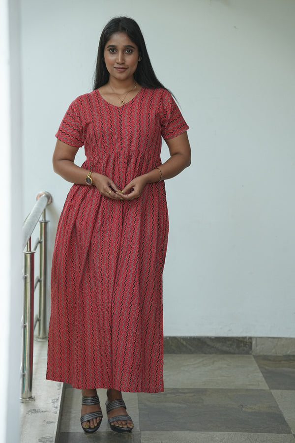 Red stripes Ajrakh fabric Center Zip Frock