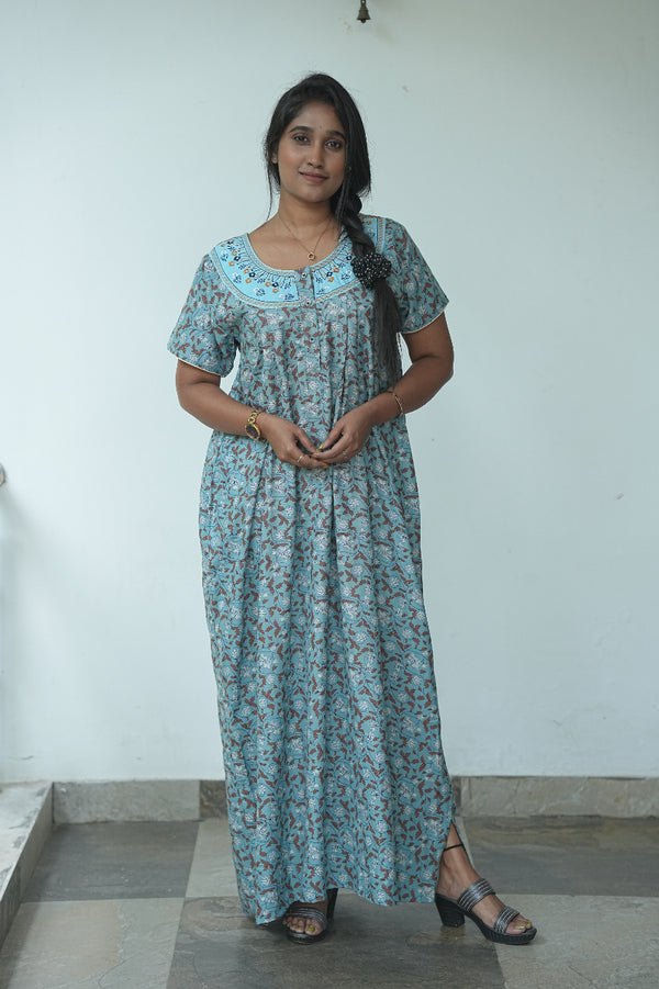 Sky Blue With Brown Leaf Design Neck Embroidery Alphain Nighty