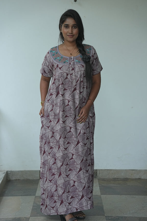 Peach With Dark Purple Design Neck Embroidery Alphain Nighty