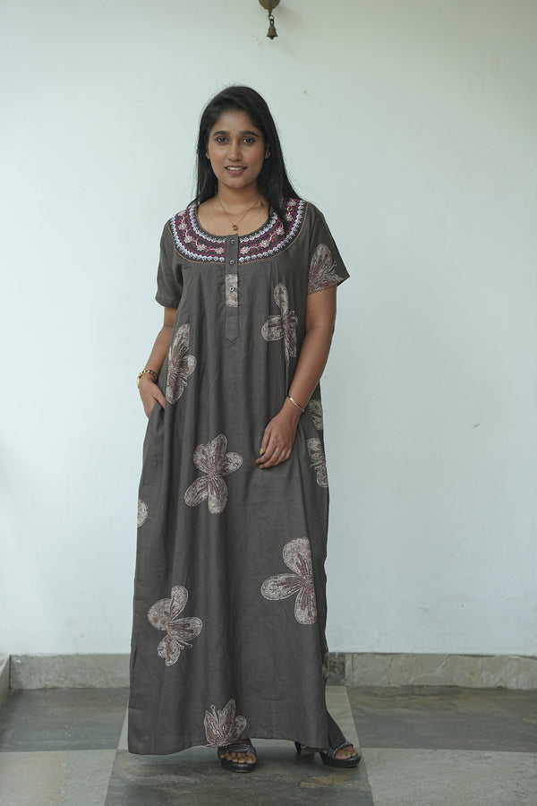Brown With Sandal Design Neck Embroidery Alpine Nighty