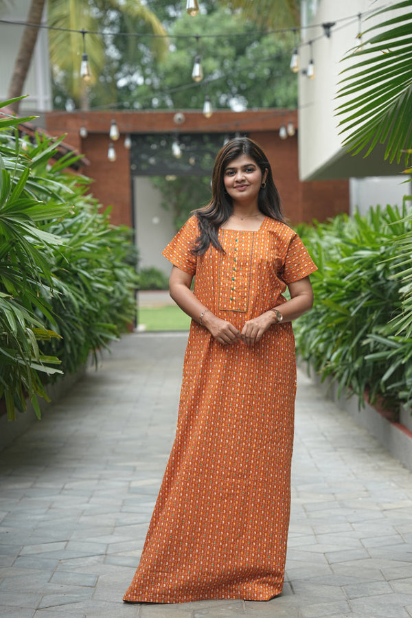 Orange With Kalamkari Design Piping Zipless Nighty