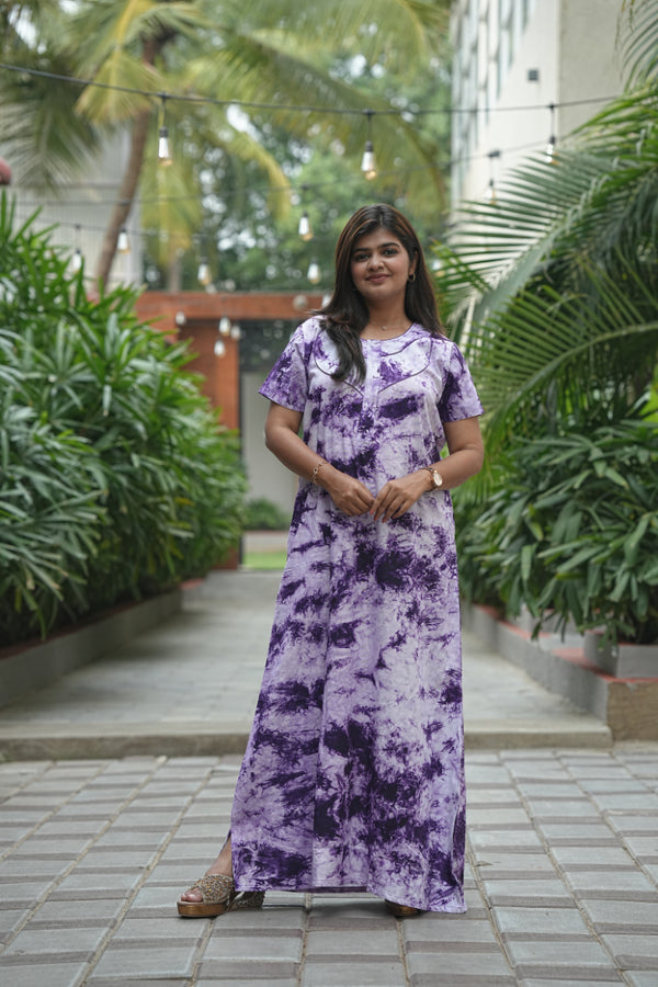White with violet Tie And Dye Zip Nighty