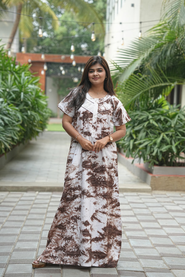 White With Brown Tie And Dye Zip Nighty