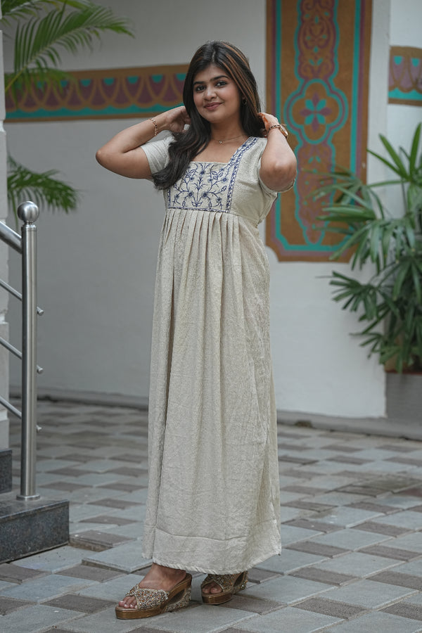 Off White Embroidery Popcorn Material Ziplees Frock