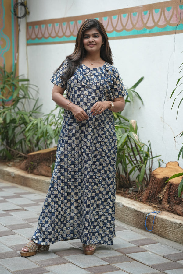 Navy Blue with Off White Floral Pattern Piping Without Zip Nighty