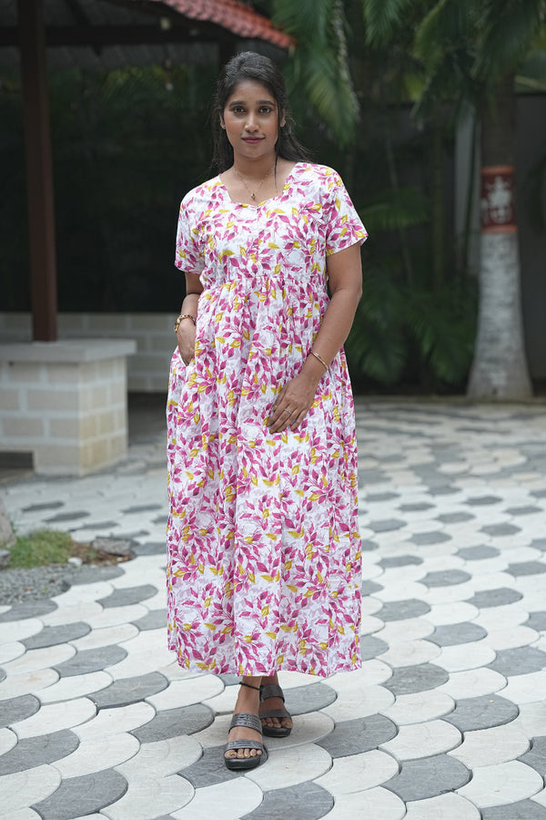 Light peach With Pink flower Design frock with center zip