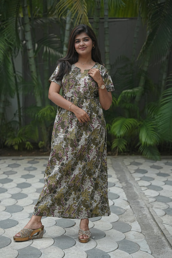 Olive Green with Gray Floral Design Vertical side zip Frock