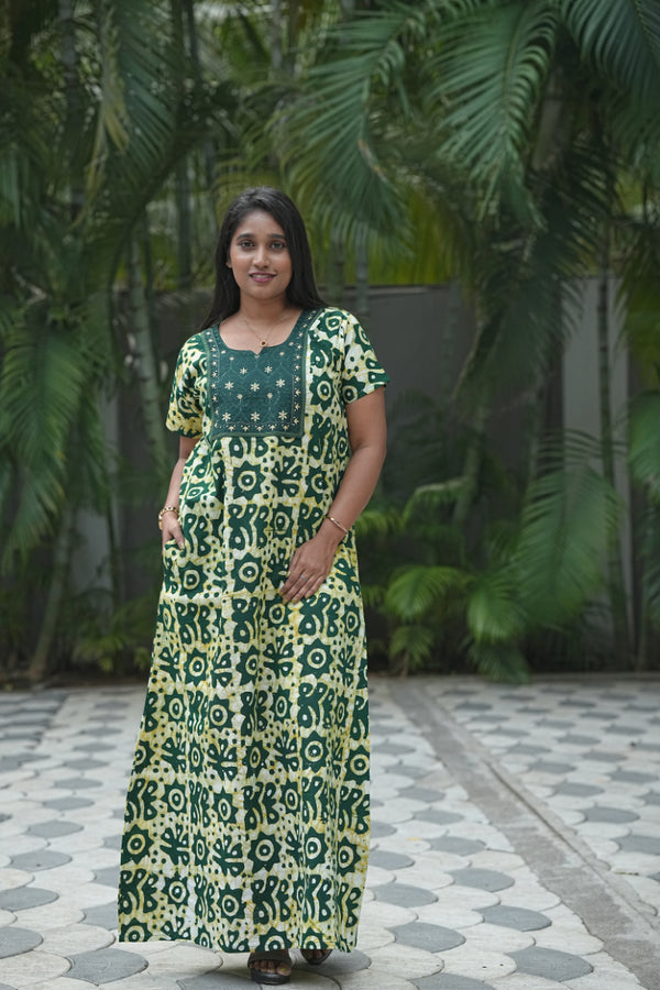 Green Batik Cotton Front  Embroidery Nighty