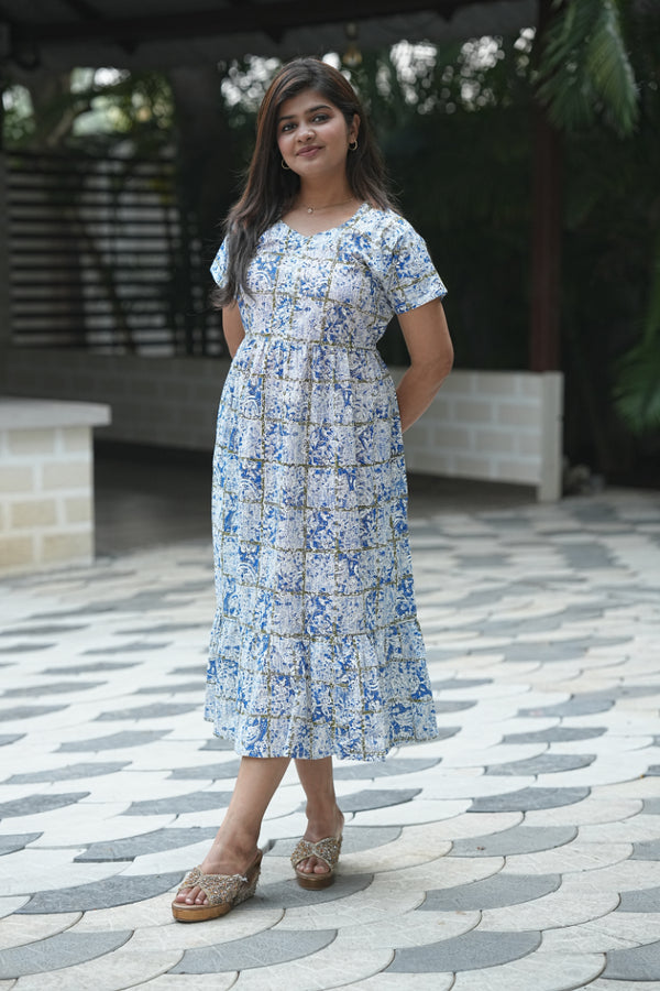 White With Blue Checked Design Midi Length Center Zip Frock