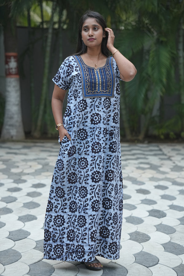 Dark Blue Batik Cotton Front  Embroidery Nighty