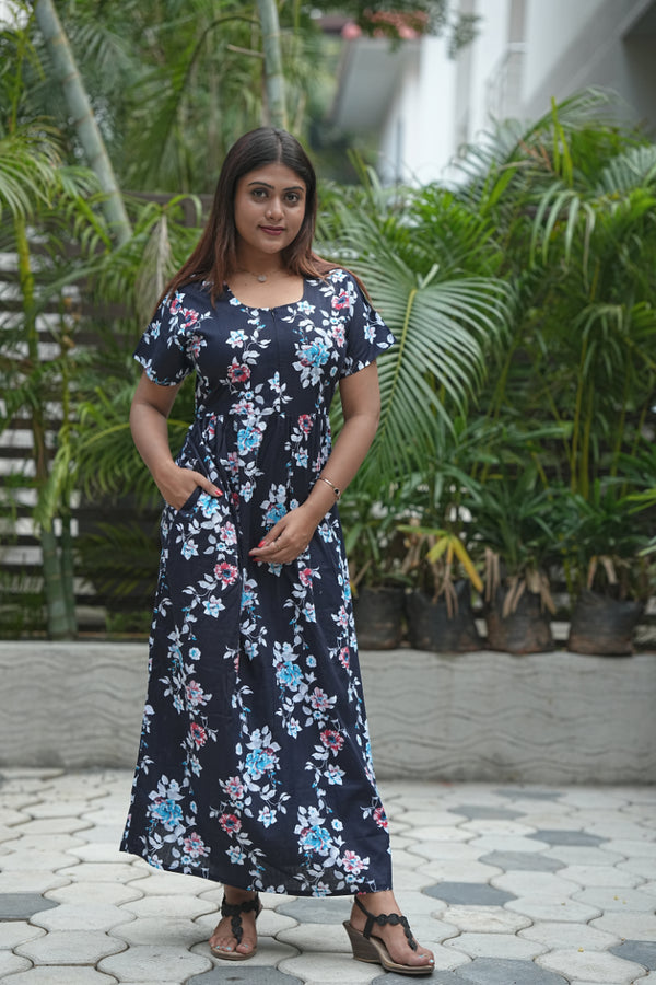 Navy Blue Sky Blue Flower Design  Center Zip Frock