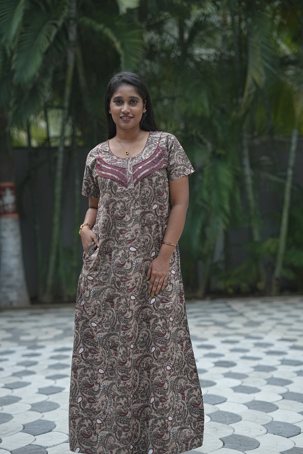 Light Brown With Brown  Pyping Zip Nighty