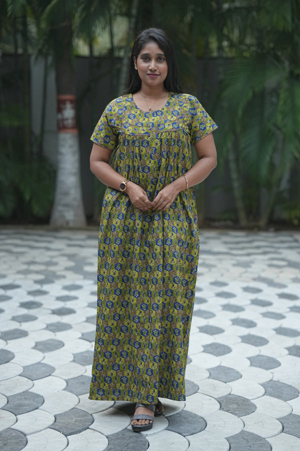 Olive Green with navy Blue Geometric Pattern  Kalamkari Fleet cut Piping Center Zip Nighty