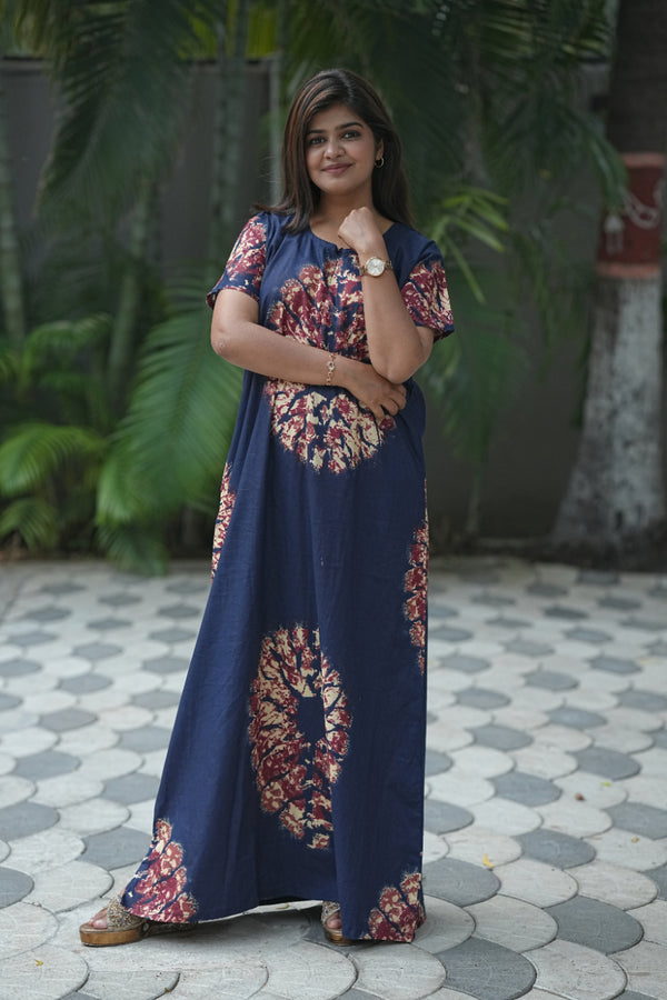 Dark Blue With Brown Invisible Center Zip Feeding Nighty