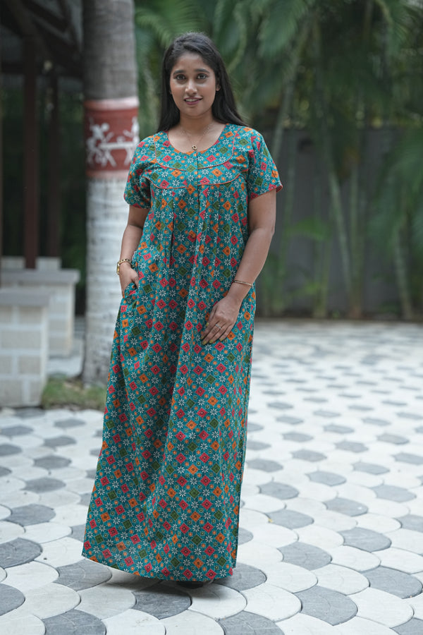 Dark Green Orange Floral Pattern  Kalamkari Fleet cut Piping Center Zip Nighty