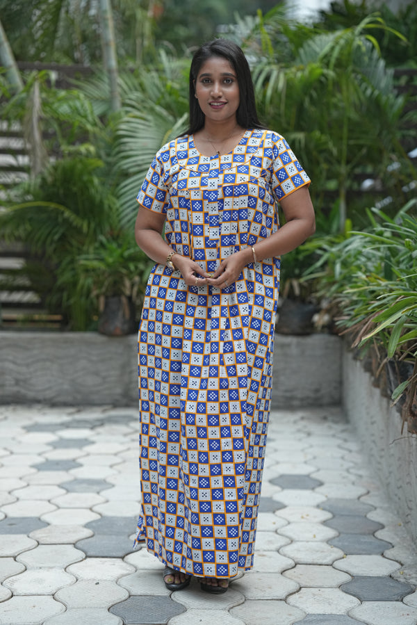 White & Blue With Mustard yellow Kalamkari Fleet cut Piping Center Zip Nighty