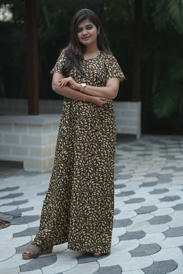 Dark Brown With Golden Yellow Leaf Design  Invisible Center Zip Feeding Nighty