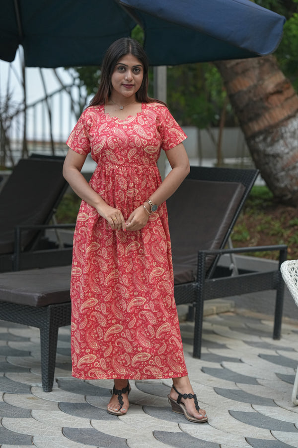 Chilli Red  With Sandal Floral Design Without zip  Frock