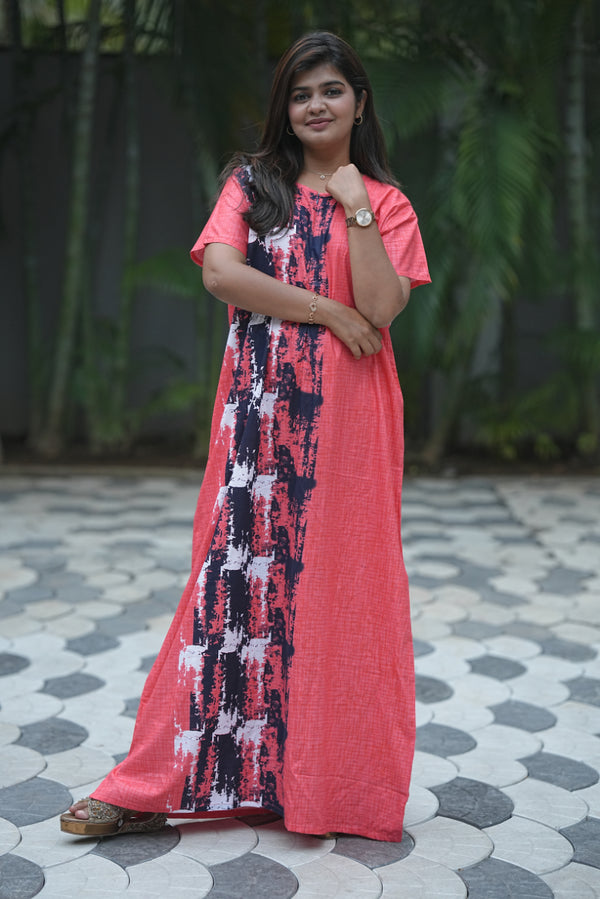 Pinkish Red With Navy Blue Invisible Center Zip Feeding Nighty